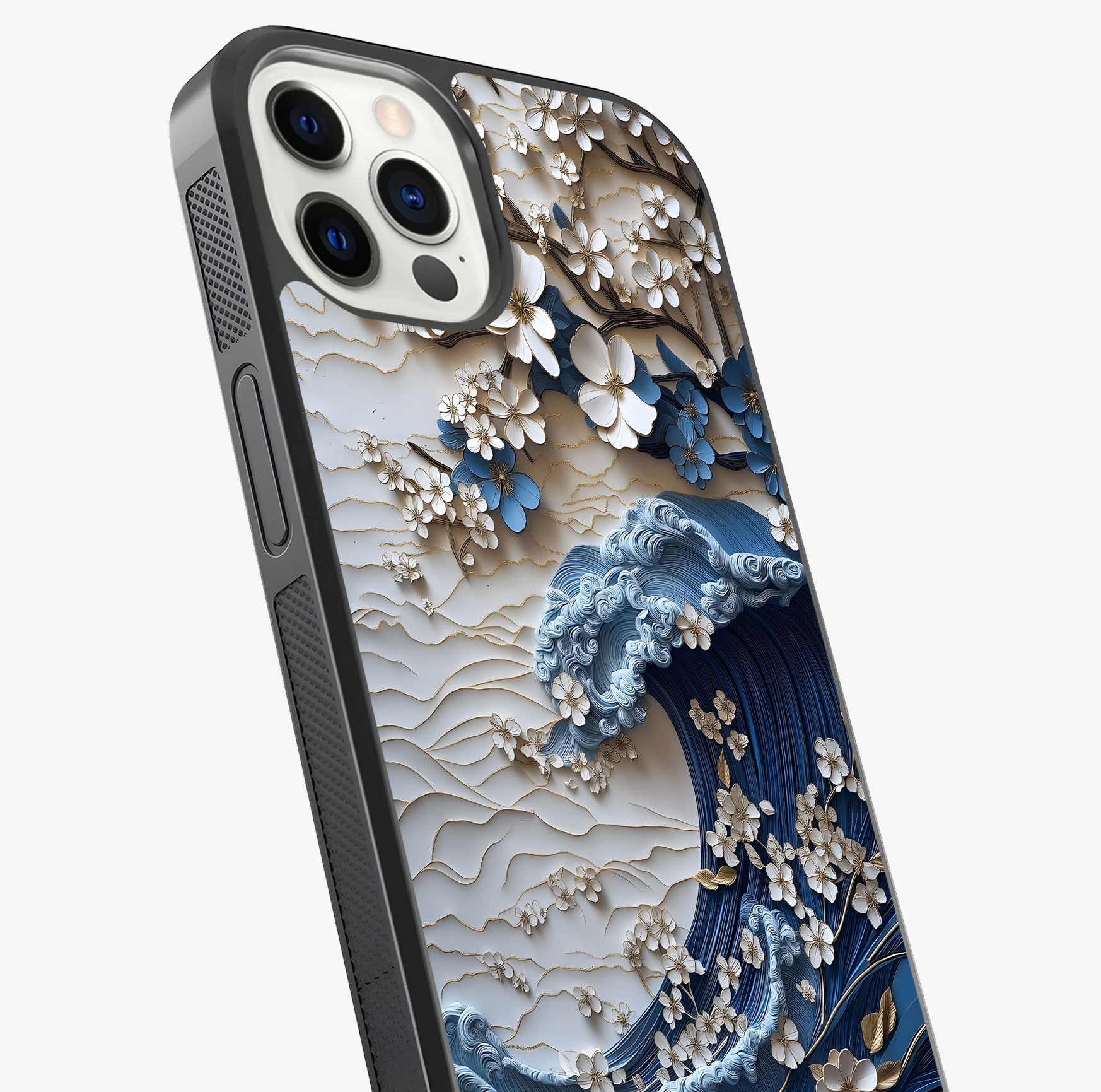 Floral Wave Origami Glass Case captured at a warm angle highlighting gloss, texture and premium glass finish.