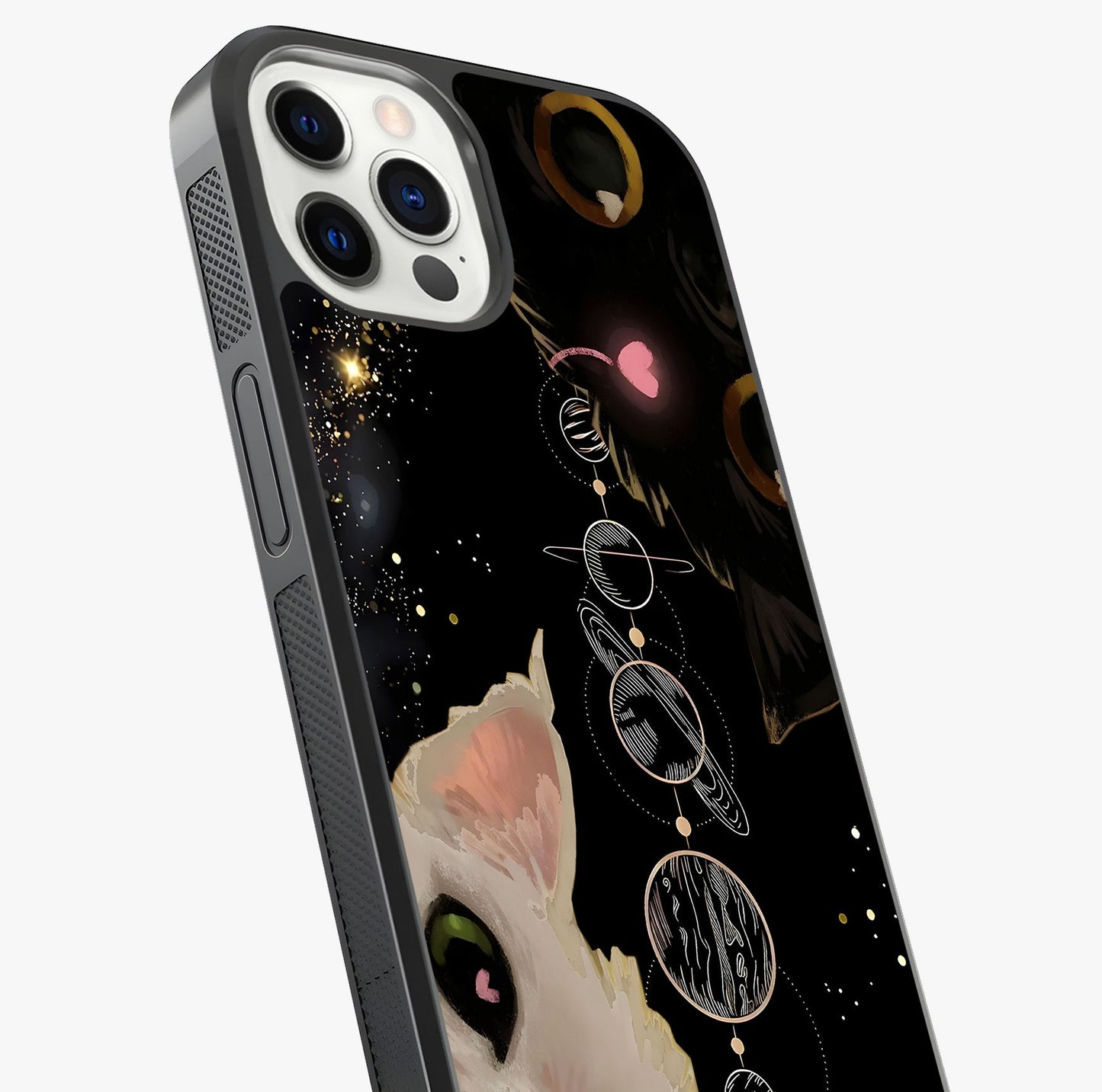 Galactic Cat Glass Case captured at a warm angle highlighting gloss, texture and premium glass finish.