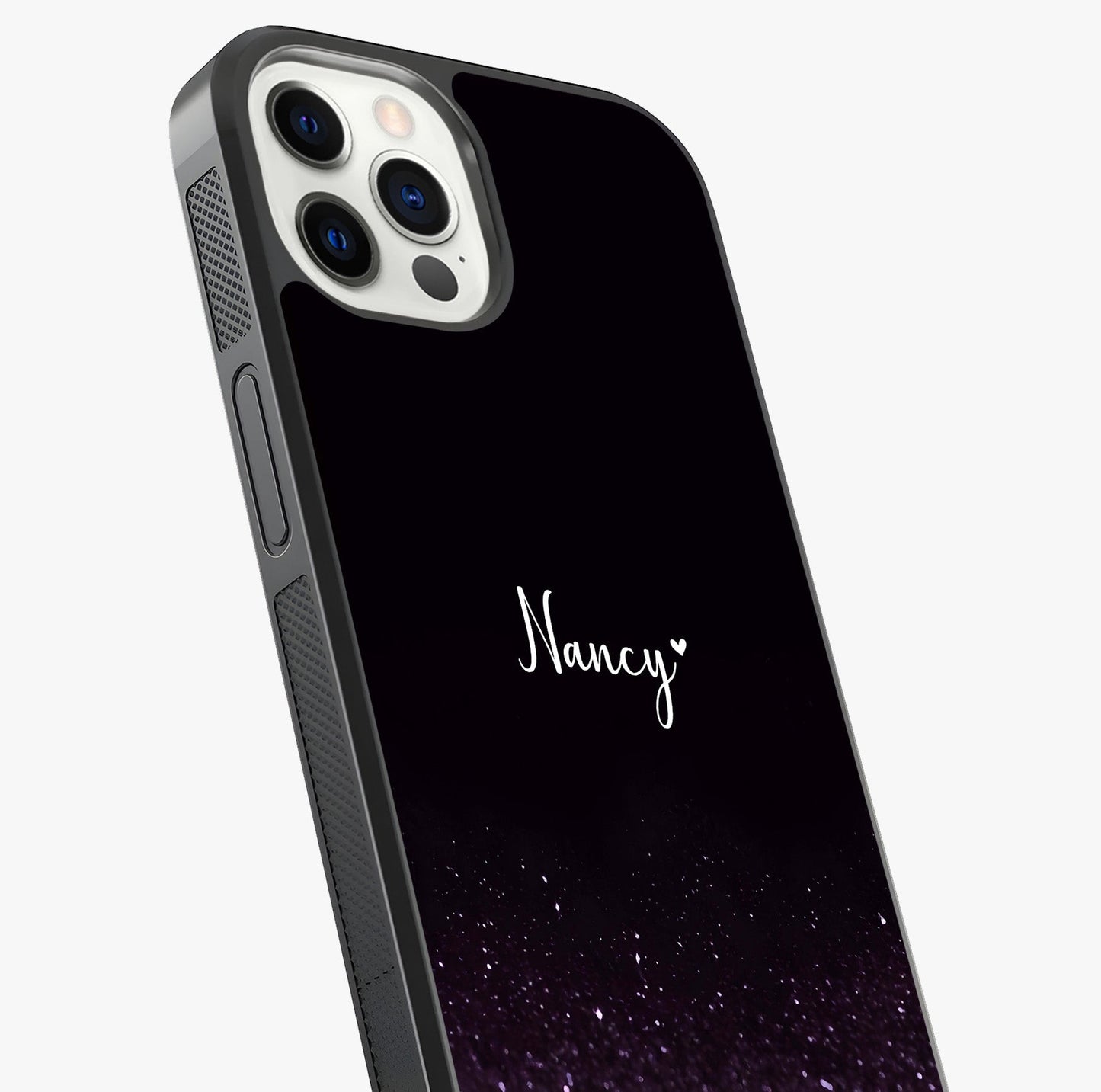Glittery Purple Bokeh Custom Name Glass Case captured at a warm angle highlighting gloss, texture and premium glass finish.
