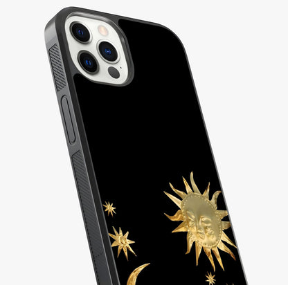 Golden Celestial Charm Glass Case captured at a warm angle highlighting gloss, texture and premium glass finish.