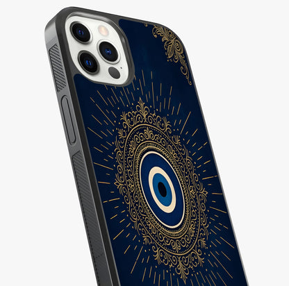 Golden Evil Eye Mandala Glass Case captured at a warm angle highlighting gloss, texture and premium glass finish.