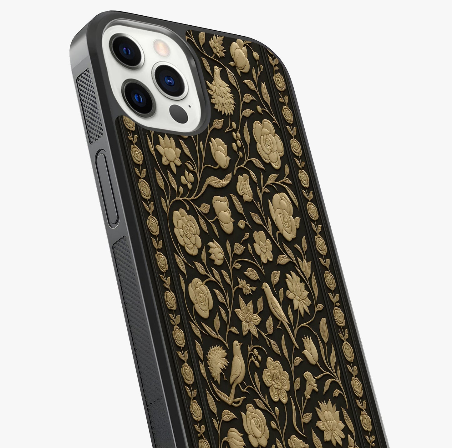 Golden Floral Majesty Glass Case captured at a warm angle highlighting gloss, texture and premium glass finish.