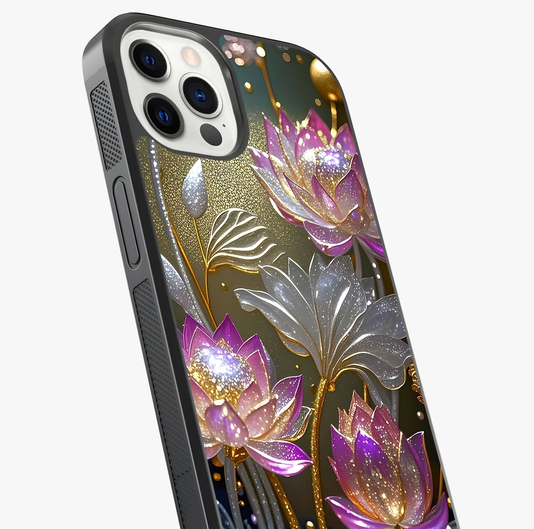 Golden Lotus Glow Glass Case captured at a warm angle highlighting gloss, texture and premium glass finish.