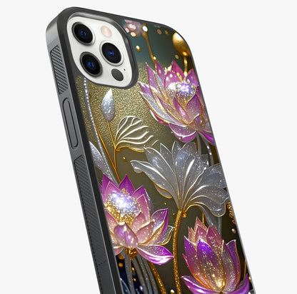 Golden Lotus Glow Glass Case captured at a warm angle highlighting gloss, texture and premium glass finish.