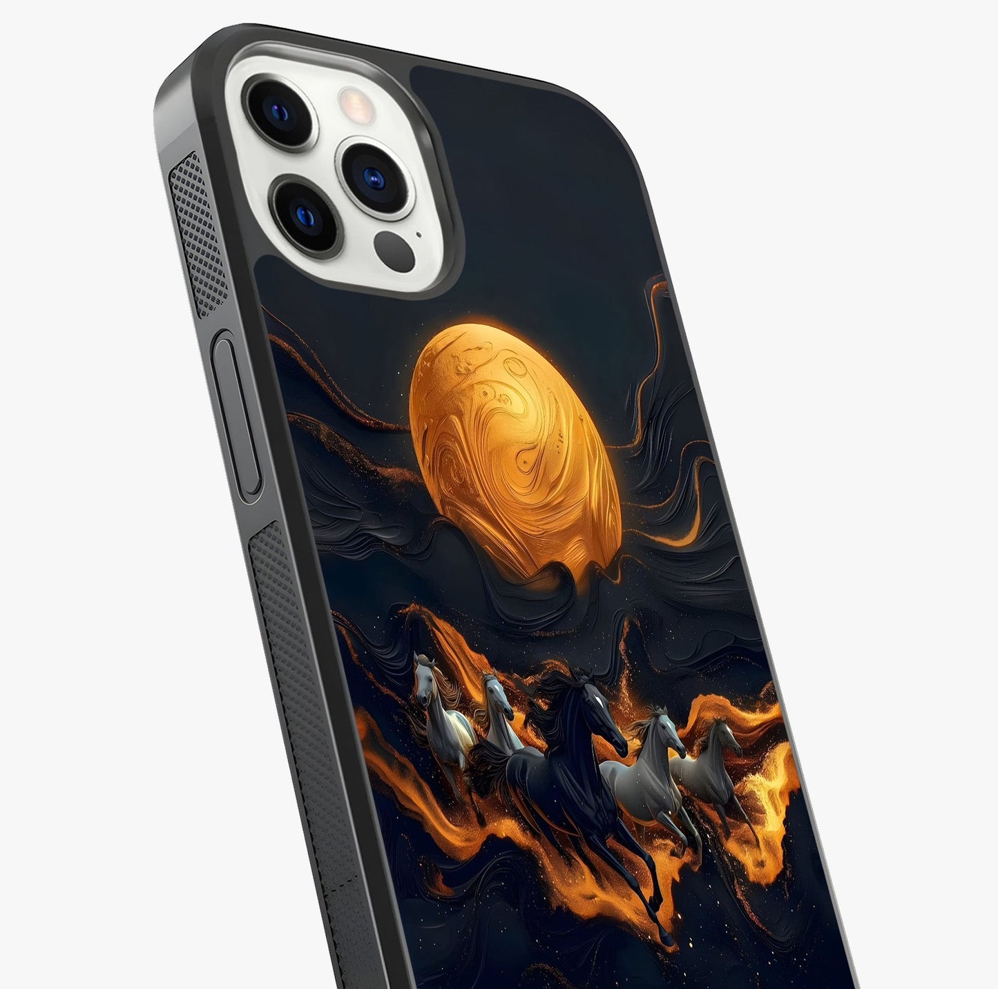 Golden Stallion Moonride Glass Case captured at a warm angle highlighting gloss, texture and premium glass finish.