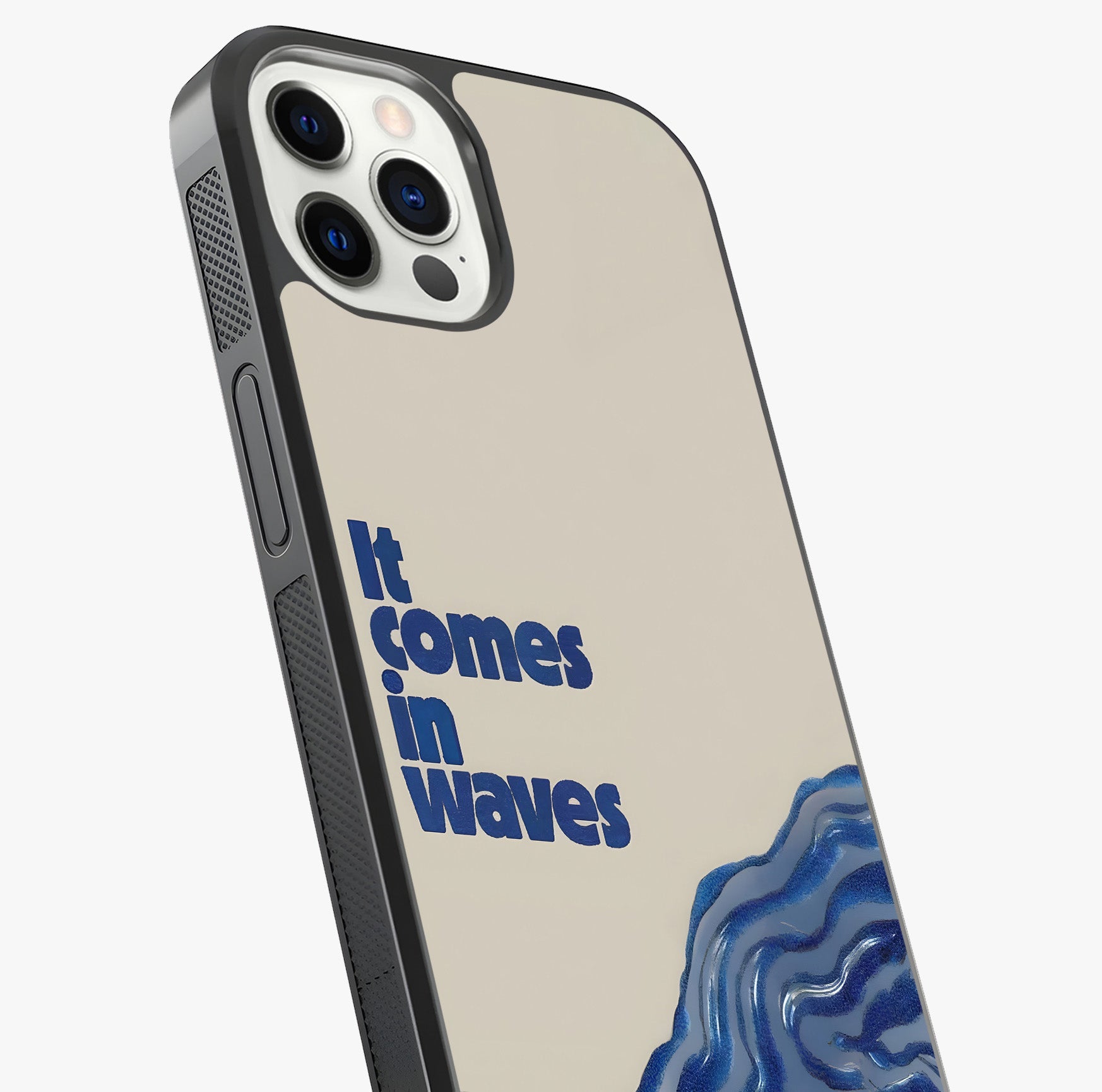 It Comes In Waves Quote Glass Case captured at a warm angle highlighting gloss, texture and premium glass finish.