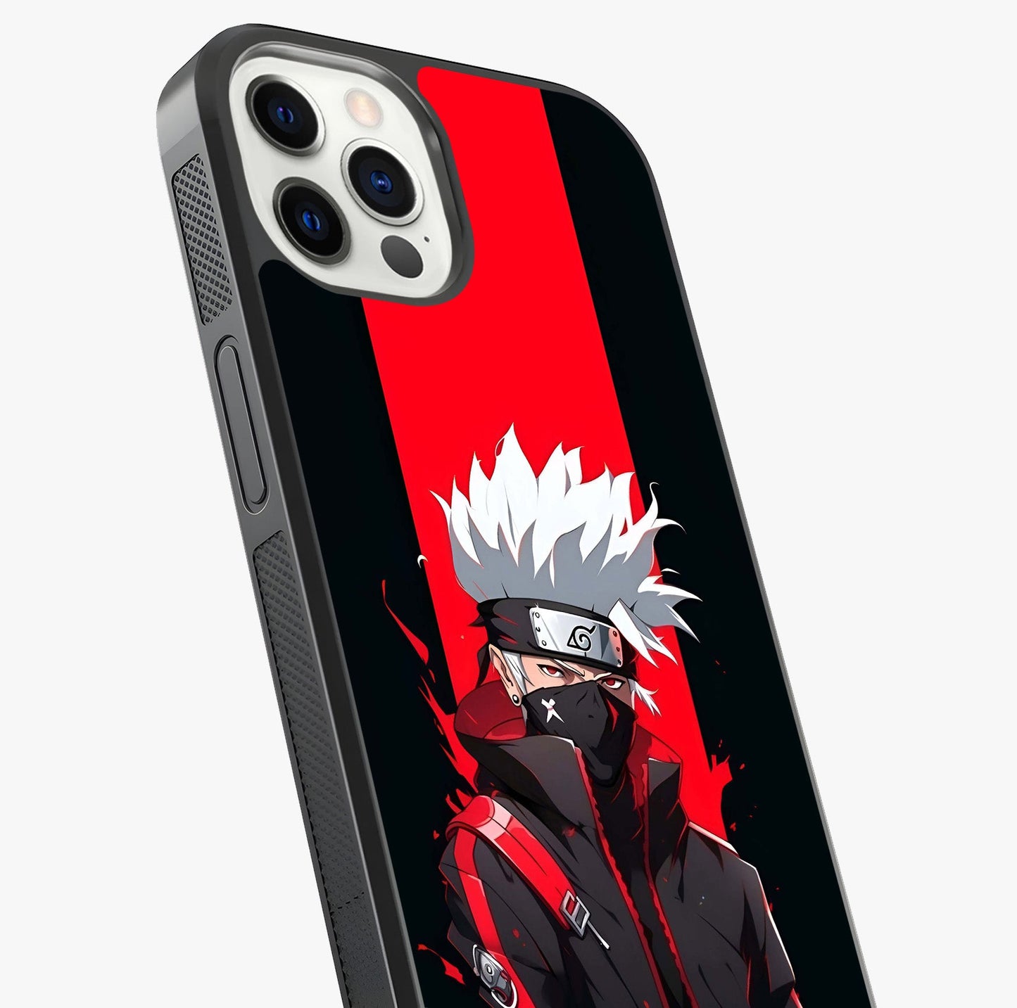 Kakashi Scarlet Shadow Glass Case captured at a warm angle highlighting gloss, texture and premium glass finish.