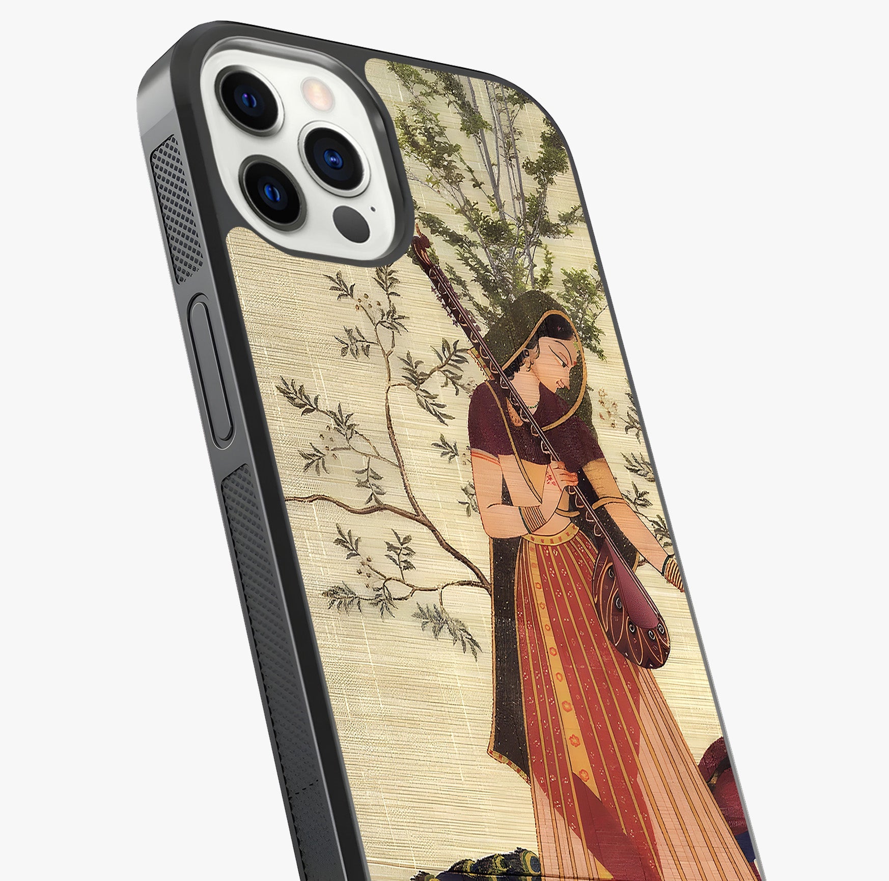 Lady With Veena Art Glass Case captured at a warm angle highlighting gloss, texture and premium glass finish.