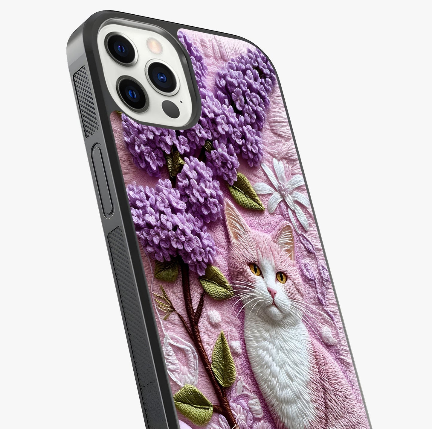 Lavender Cat Whimsy Glass Case captured at a warm angle highlighting gloss, texture and premium glass finish.