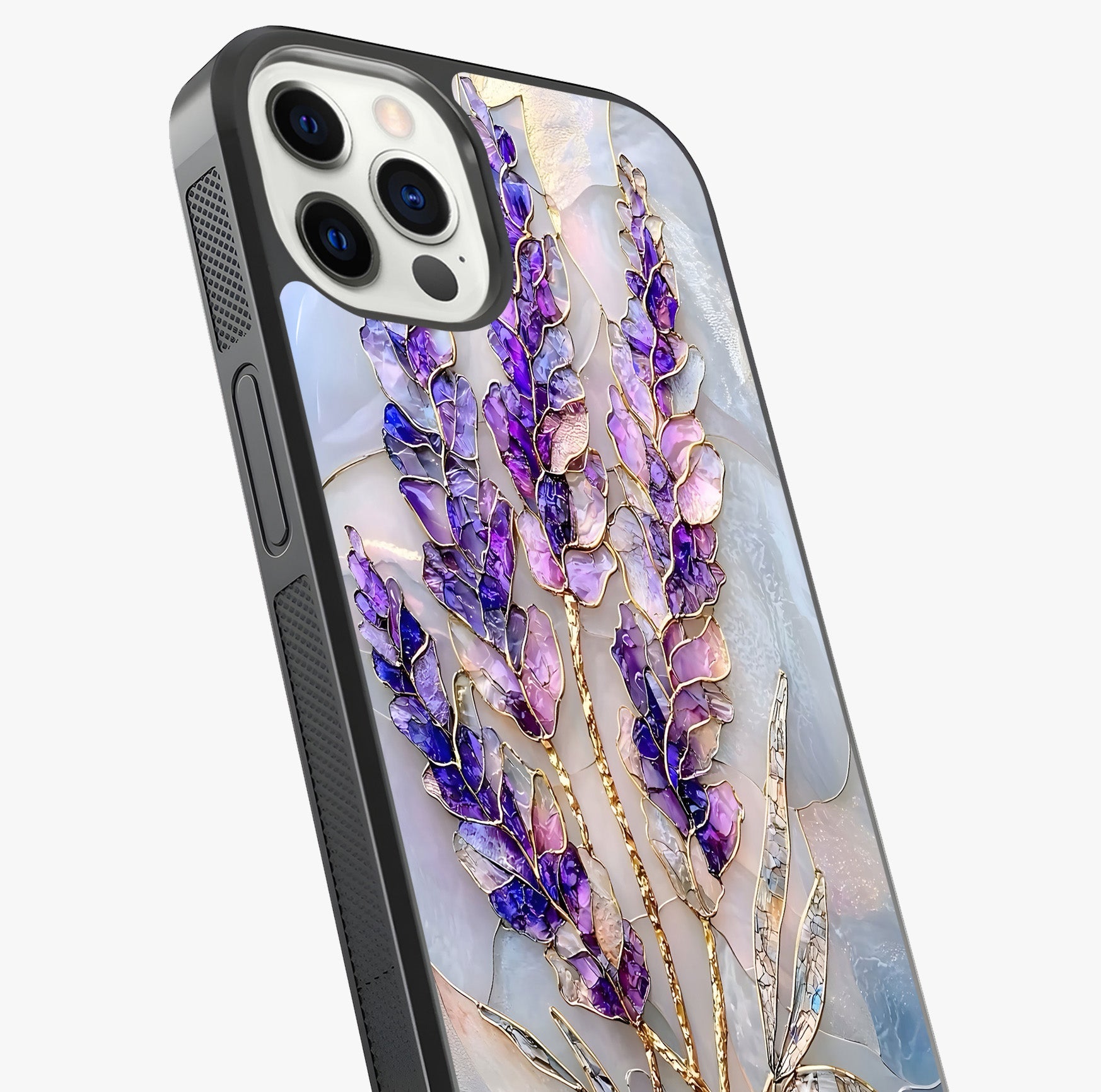 Lavender Dream Glow Glass Case captured at a warm angle highlighting gloss, texture and premium glass finish.