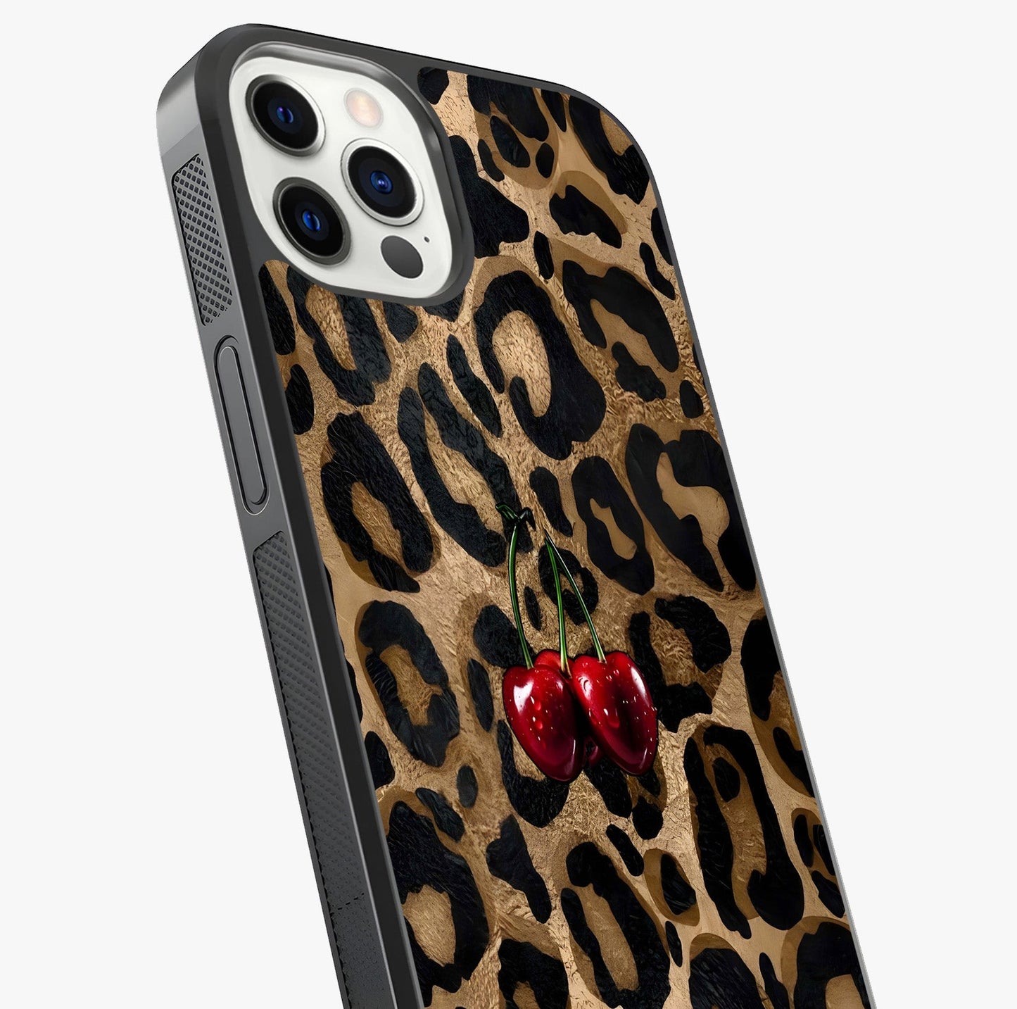 Leopard Wild Cherry Glass Case captured at a warm angle highlighting gloss, texture and premium glass finish.
