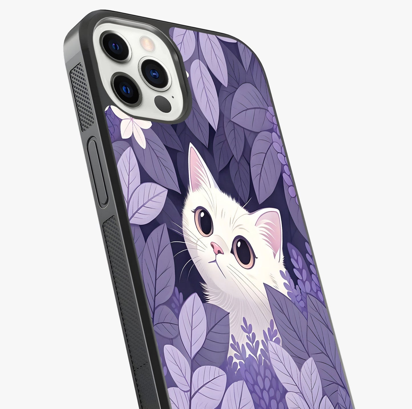 Lilac Hide Peek Cat Glass Case captured at a warm angle highlighting gloss, texture and premium glass finish.