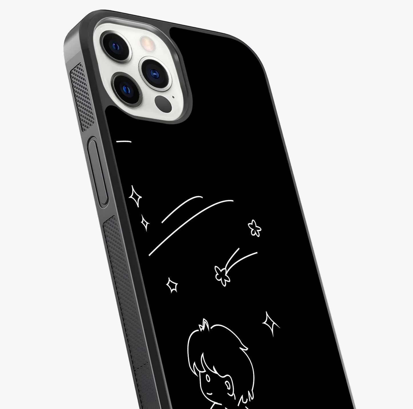 Line Art Boy With Shooting Stars Glass Case captured at a warm angle highlighting gloss, texture and premium glass finish.