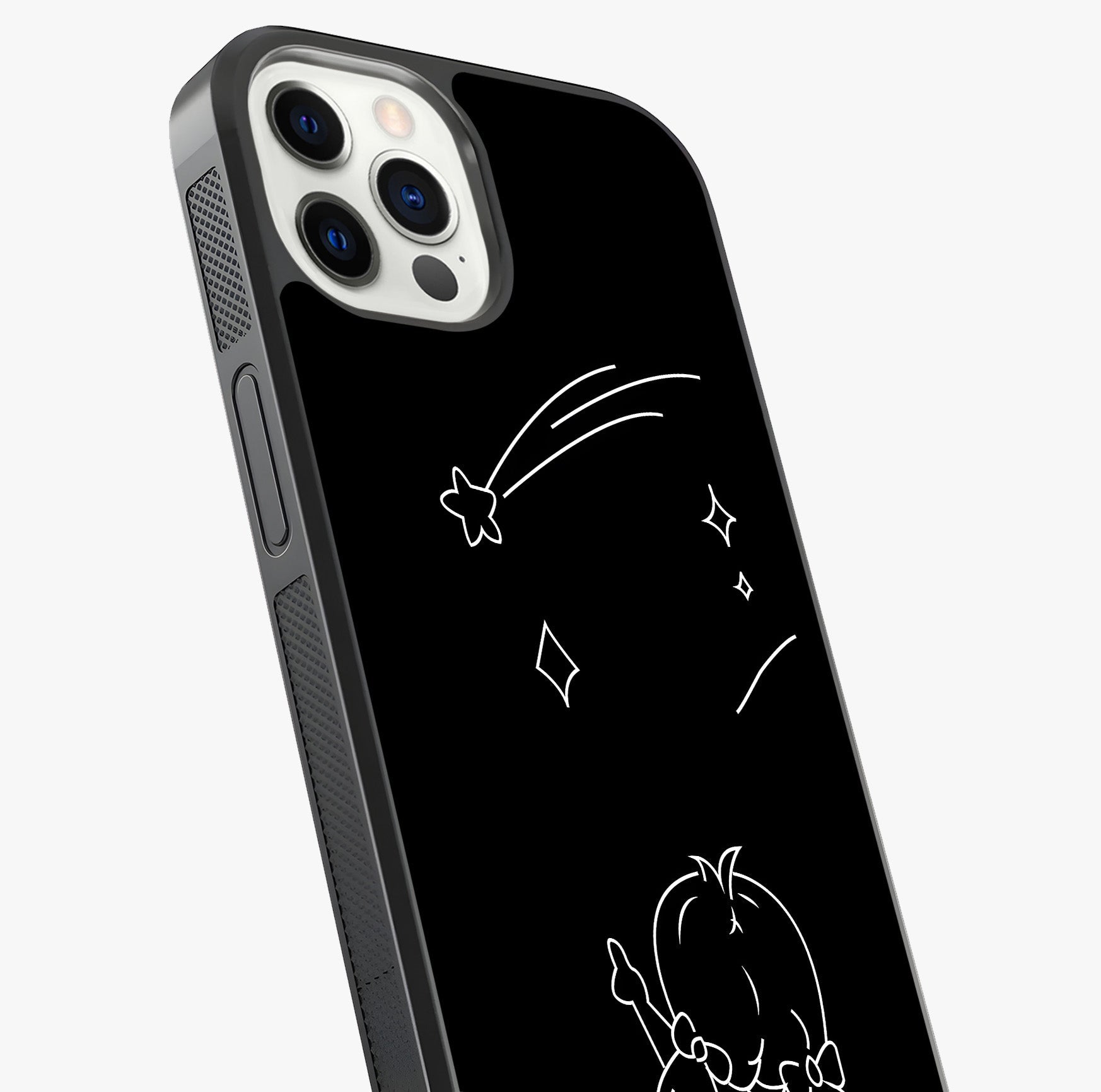 Line Art Girl With Shooting Stars Glass Case captured at a warm angle highlighting gloss, texture and premium glass finish.