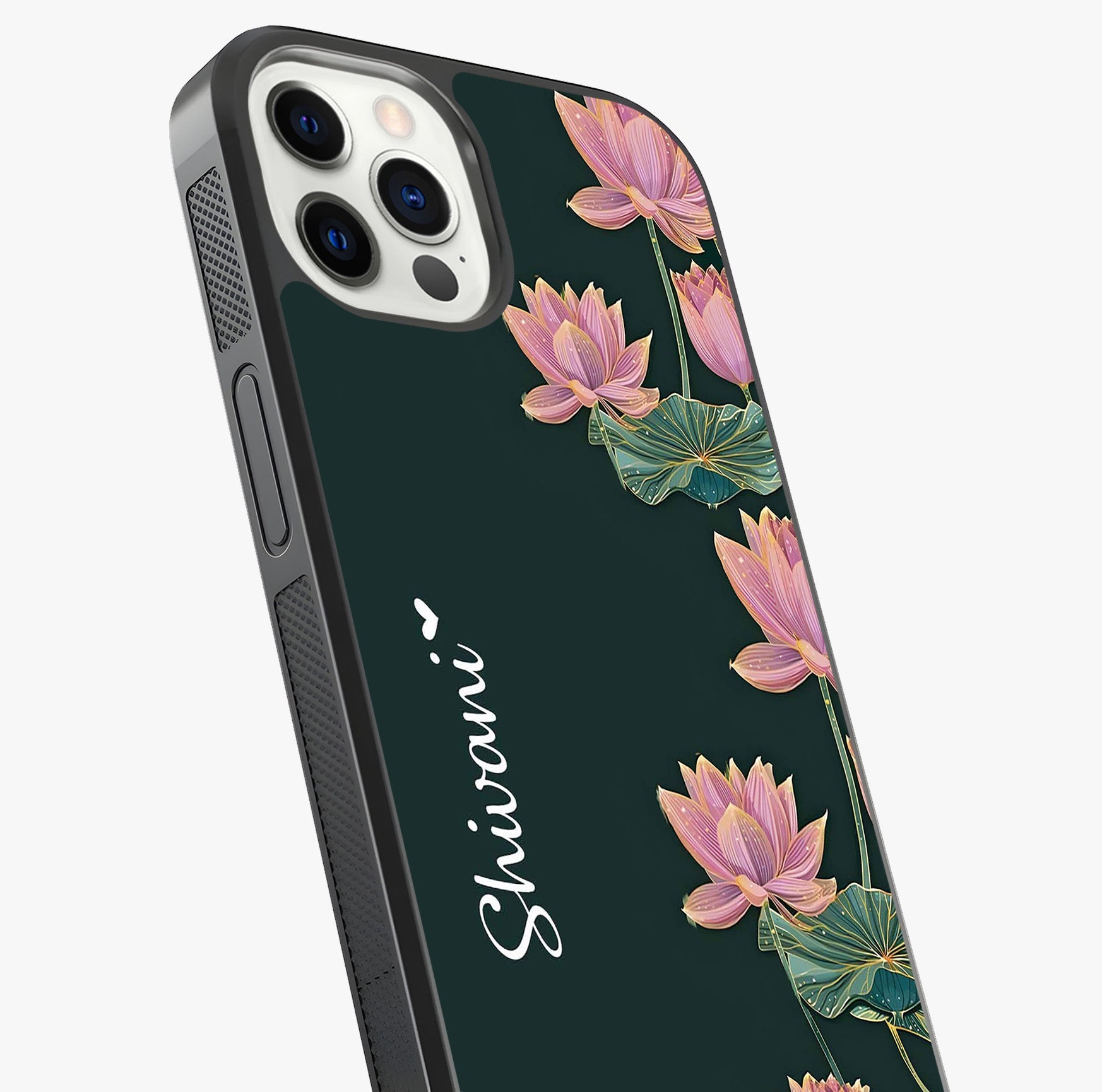 Lotus Bloom Serenity Custom Name Glass Case captured at a warm angle highlighting gloss, texture and premium glass finish.