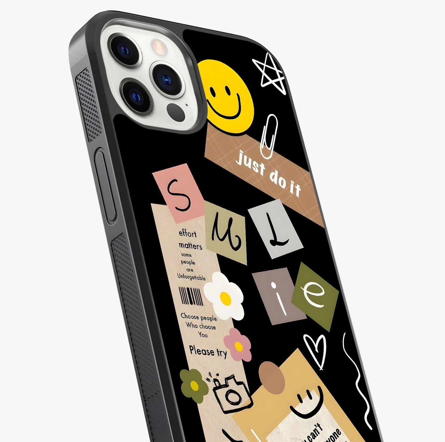 Lucky Aesthetic Collage Glass Case captured at a warm angle highlighting gloss, texture and premium glass finish.