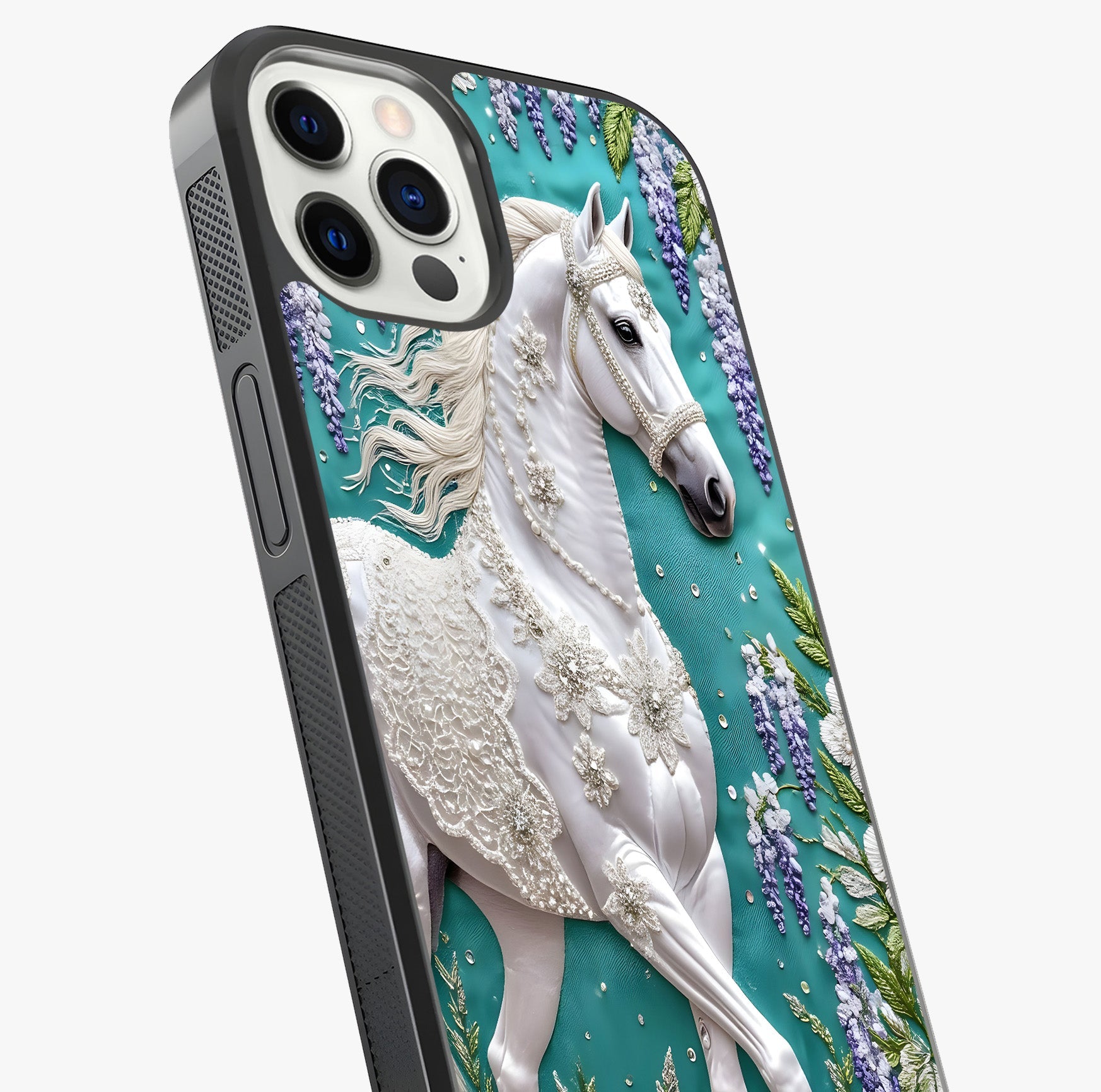 Majestic Floral Stallion Glass Case captured at a warm angle highlighting gloss, texture and premium glass finish.