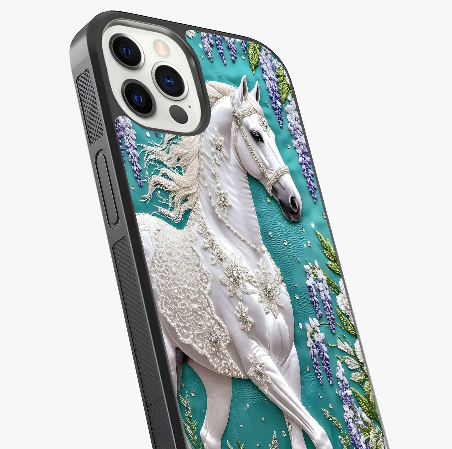 Majestic Floral Stallion Glass Case captured at a warm angle highlighting gloss, texture and premium glass finish.