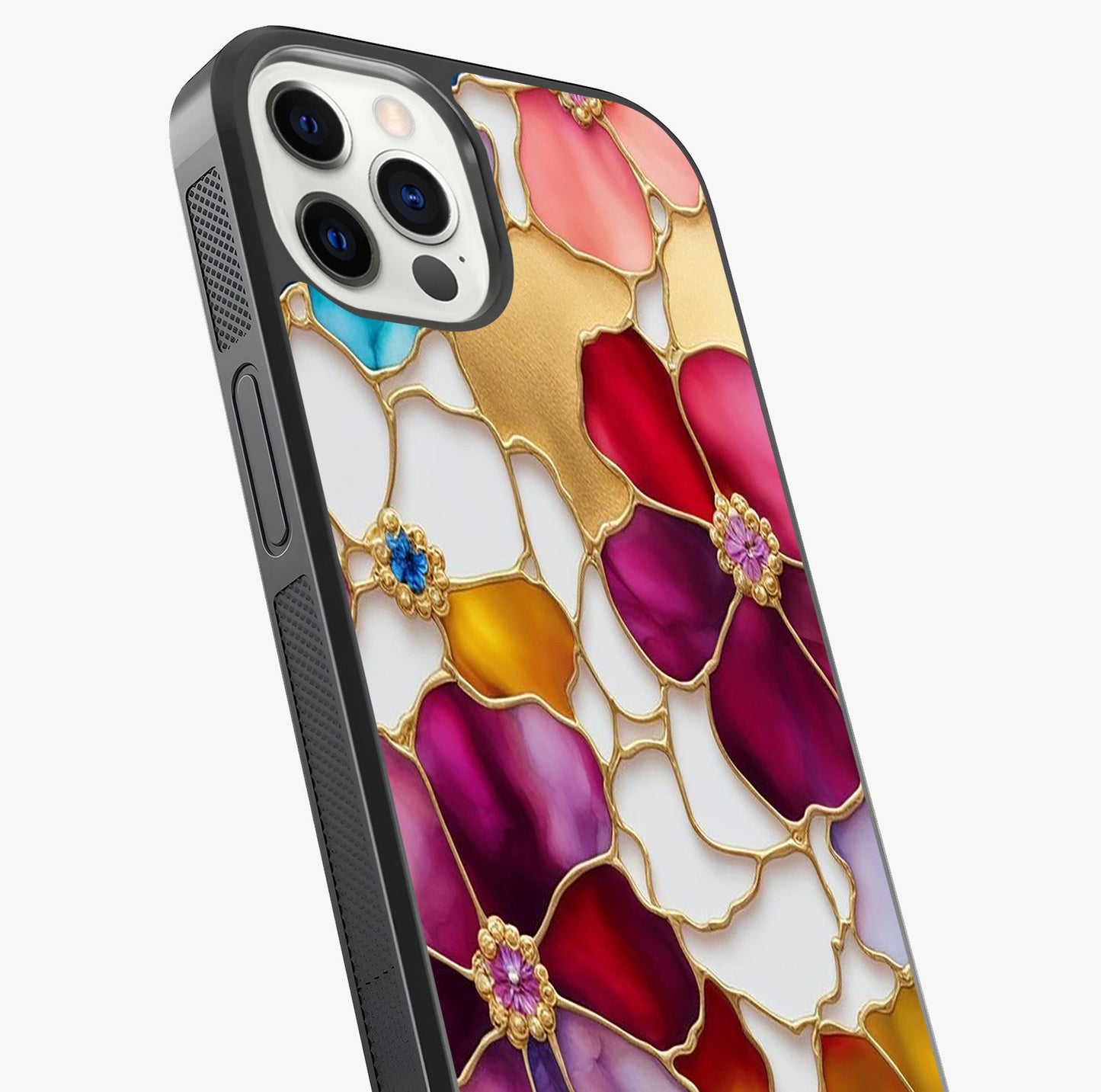 Marble Flower Pattern Glass Case captured at a warm angle highlighting gloss, texture and premium glass finish.