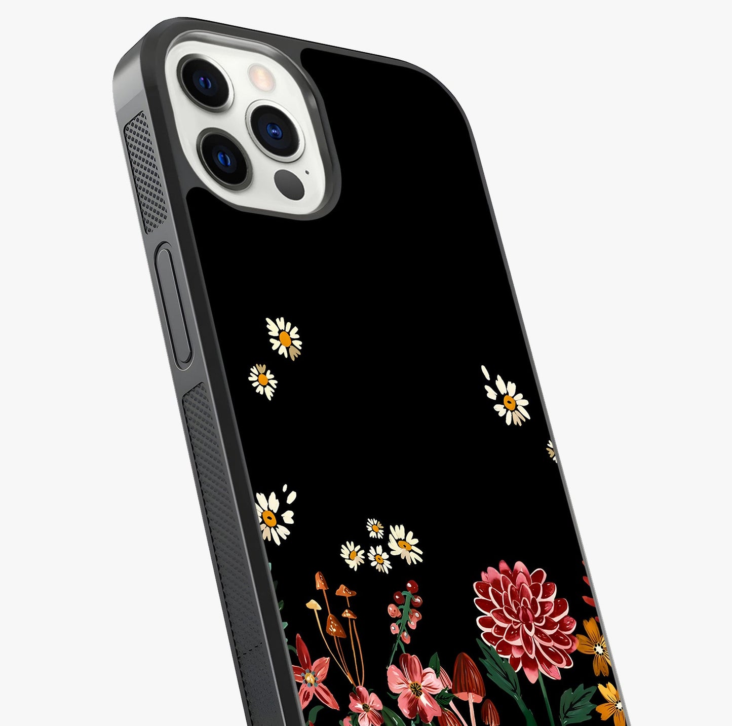 Midnight Bloom Pattern Glass Case captured at a warm angle highlighting gloss, texture and premium glass finish.