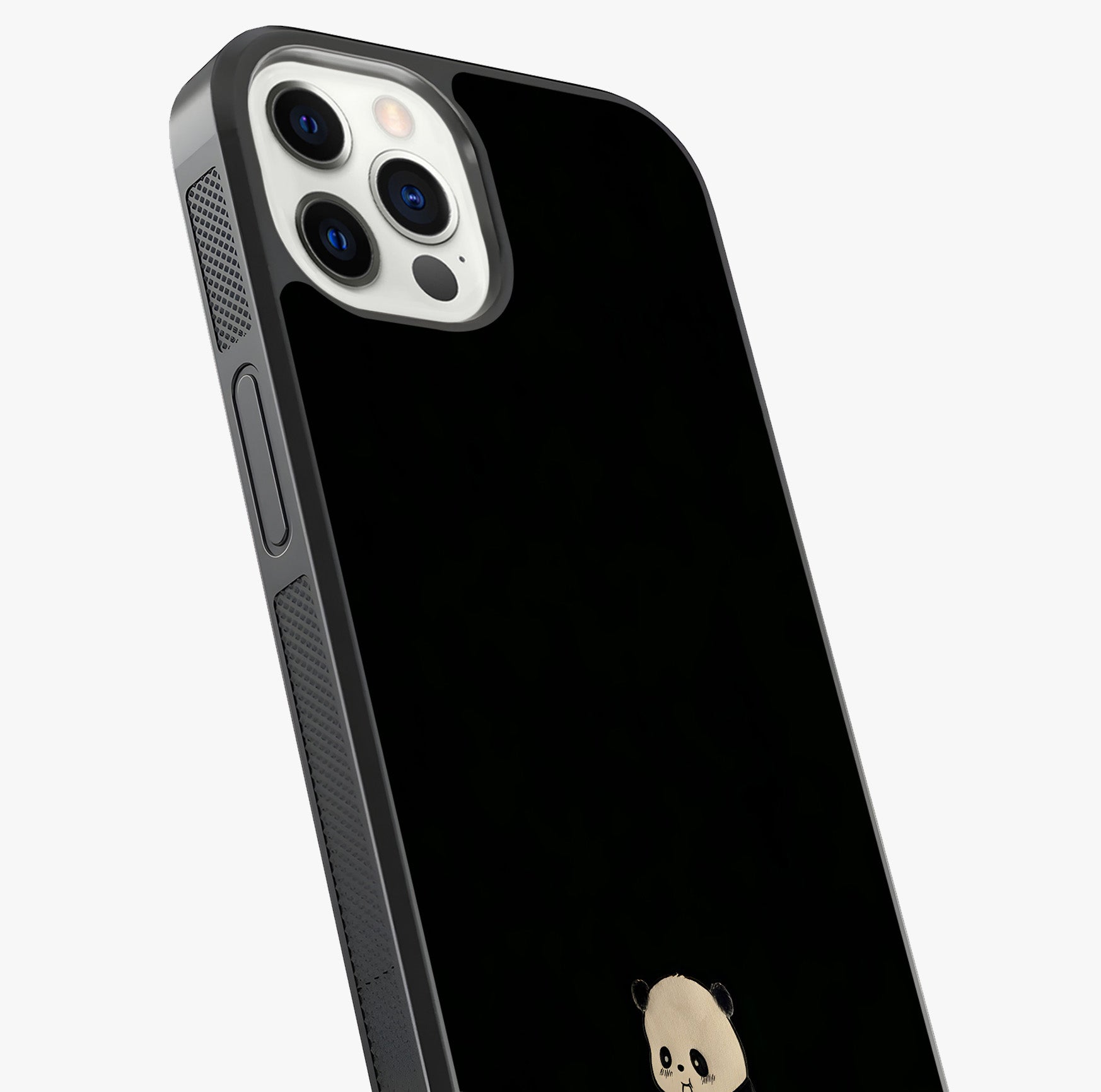 Midnight Panda Love Glass Case captured at a warm angle highlighting gloss, texture and premium glass finish.