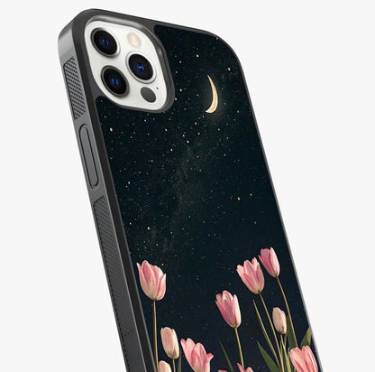Midnight Tulip Whispers Vibe Glass Case captured at a warm angle highlighting gloss, texture and premium glass finish.