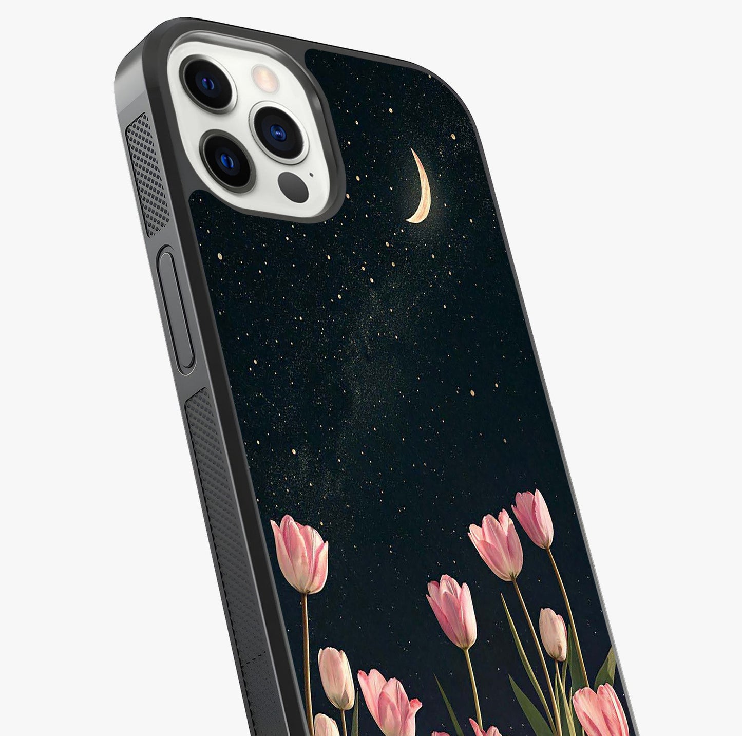 Midnight Tulip Whispers Vibe Glass Case captured at a warm angle highlighting gloss, texture and premium glass finish.