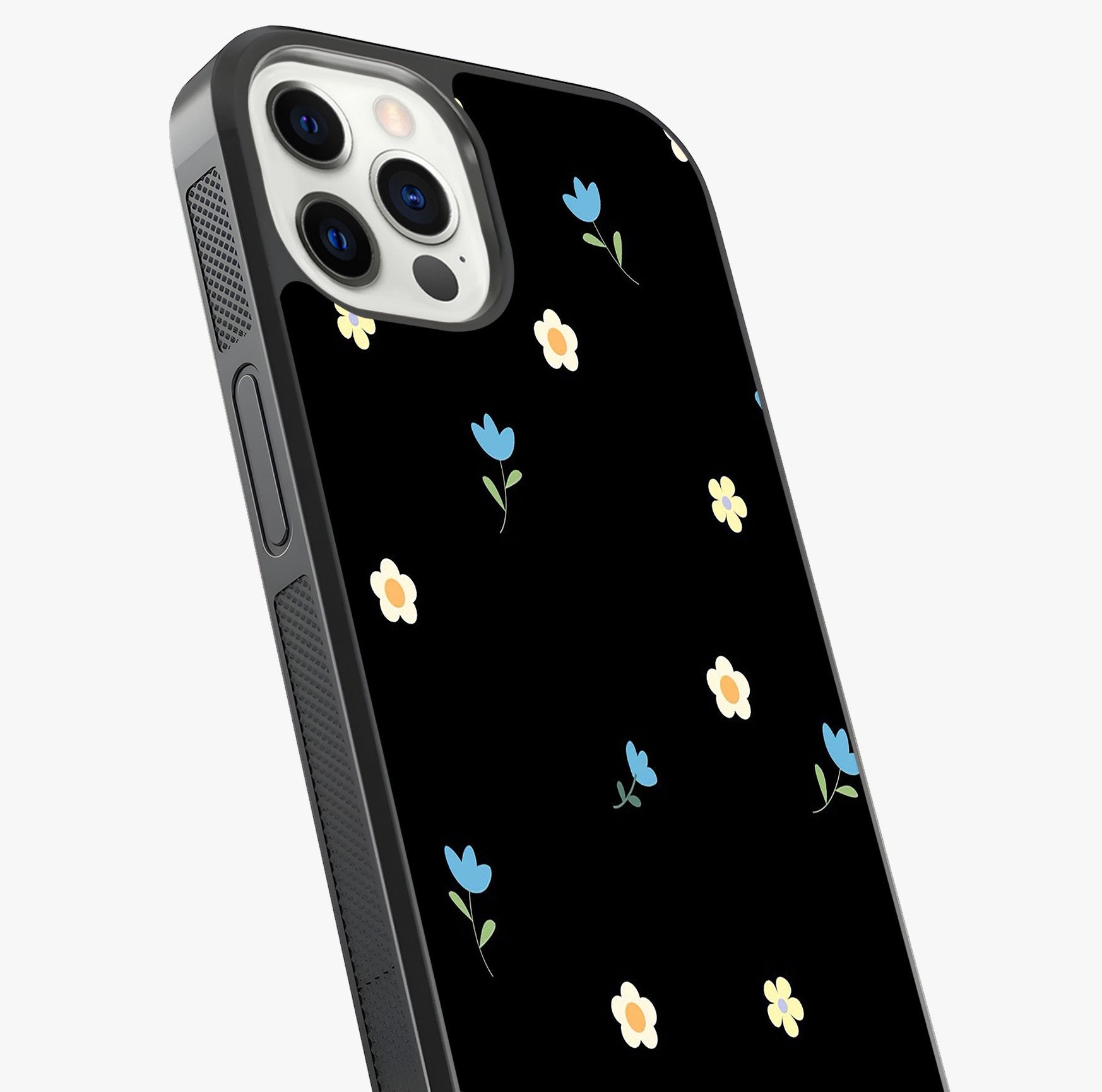 Minimalistic Blue With White Flower Pattern Glass Case captured at a warm angle highlighting gloss, texture and premium glass finish.