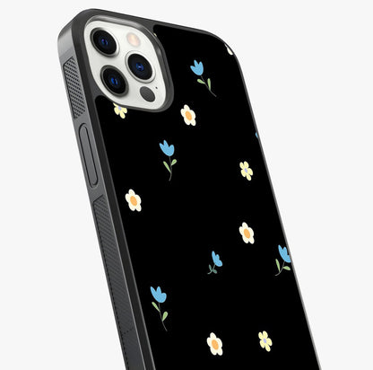 Minimalistic Blue With White Flower Pattern Glass Case captured at a warm angle highlighting gloss, texture and premium glass finish.