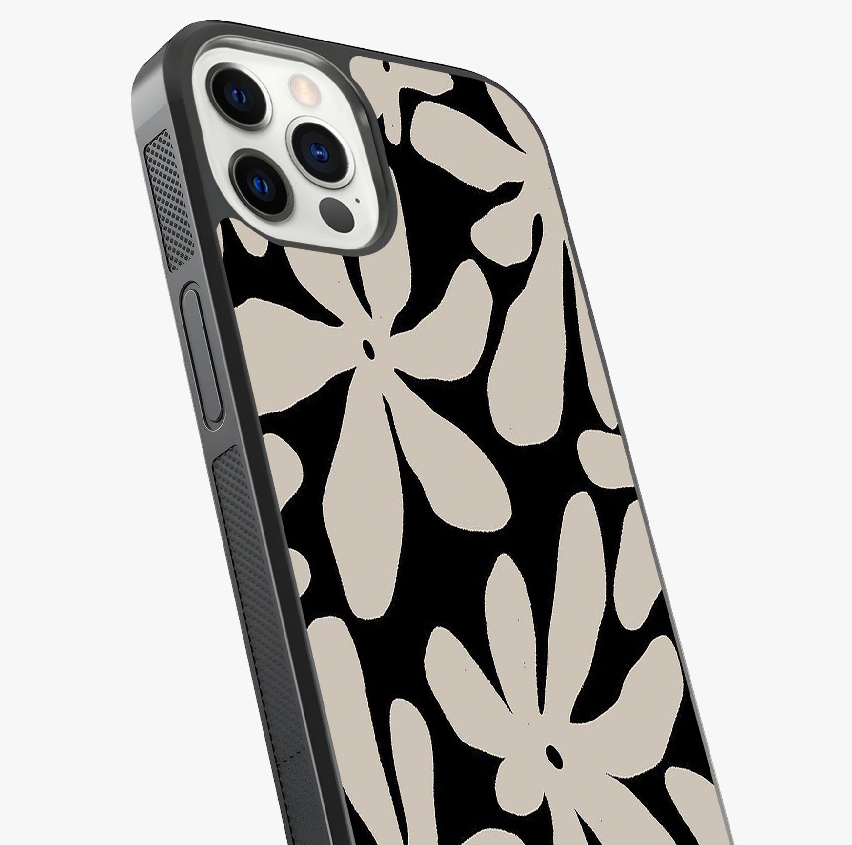 Monochrome Petal Dance Glass Case captured at a warm angle highlighting gloss, texture and premium glass finish.