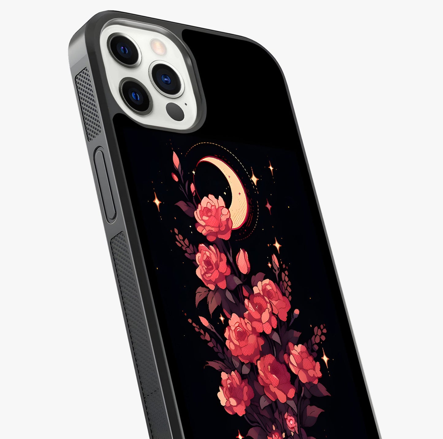 Moonlit Floral Elegance Glass Case captured at a warm angle highlighting gloss, texture and premium glass finish.
