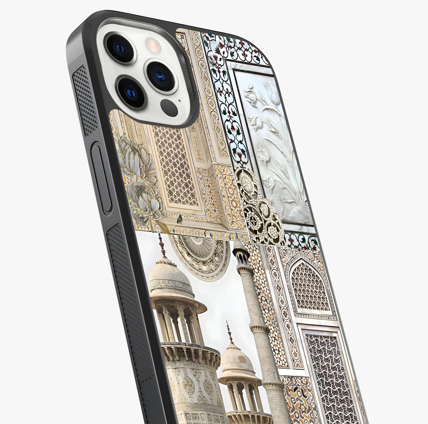 Mughal Marble Legacy Glass Case captured at a warm angle highlighting gloss, texture and premium glass finish.