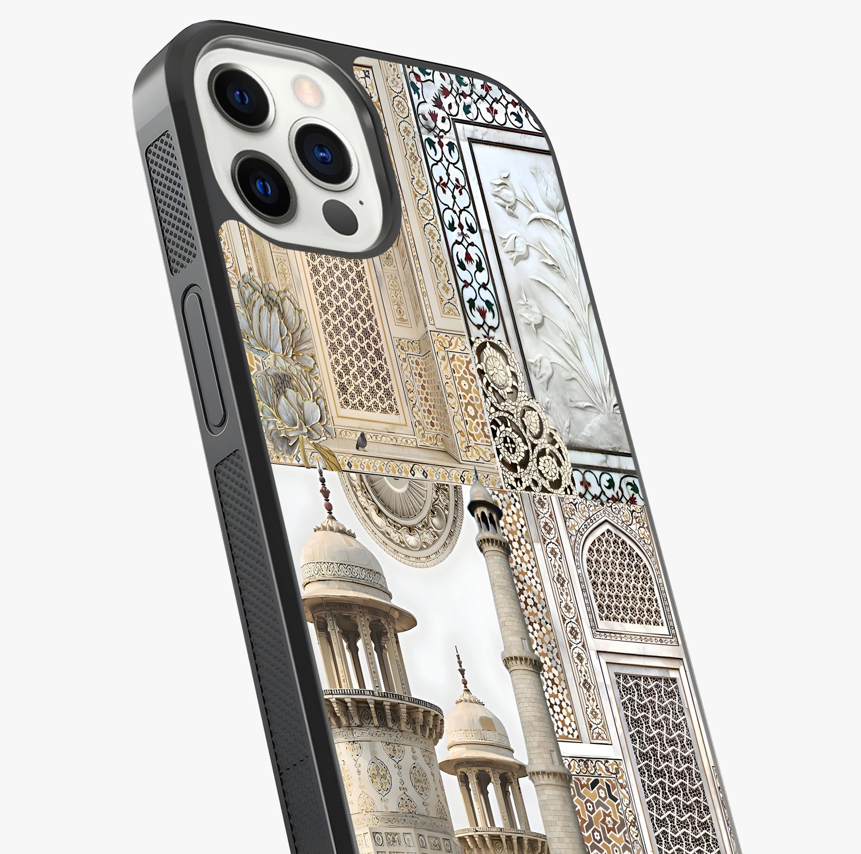 Mughal Marble Legacy Glass Case captured at a warm angle highlighting gloss, texture and premium glass finish.