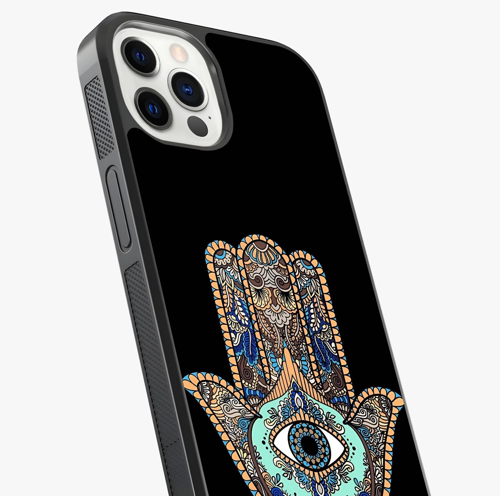 Mystic Hamsa Eye Glass Case captured at a warm angle highlighting gloss, texture and premium glass finish.