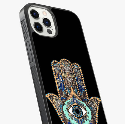 Mystic Hamsa Eye Glass Case captured at a warm angle highlighting gloss, texture and premium glass finish.