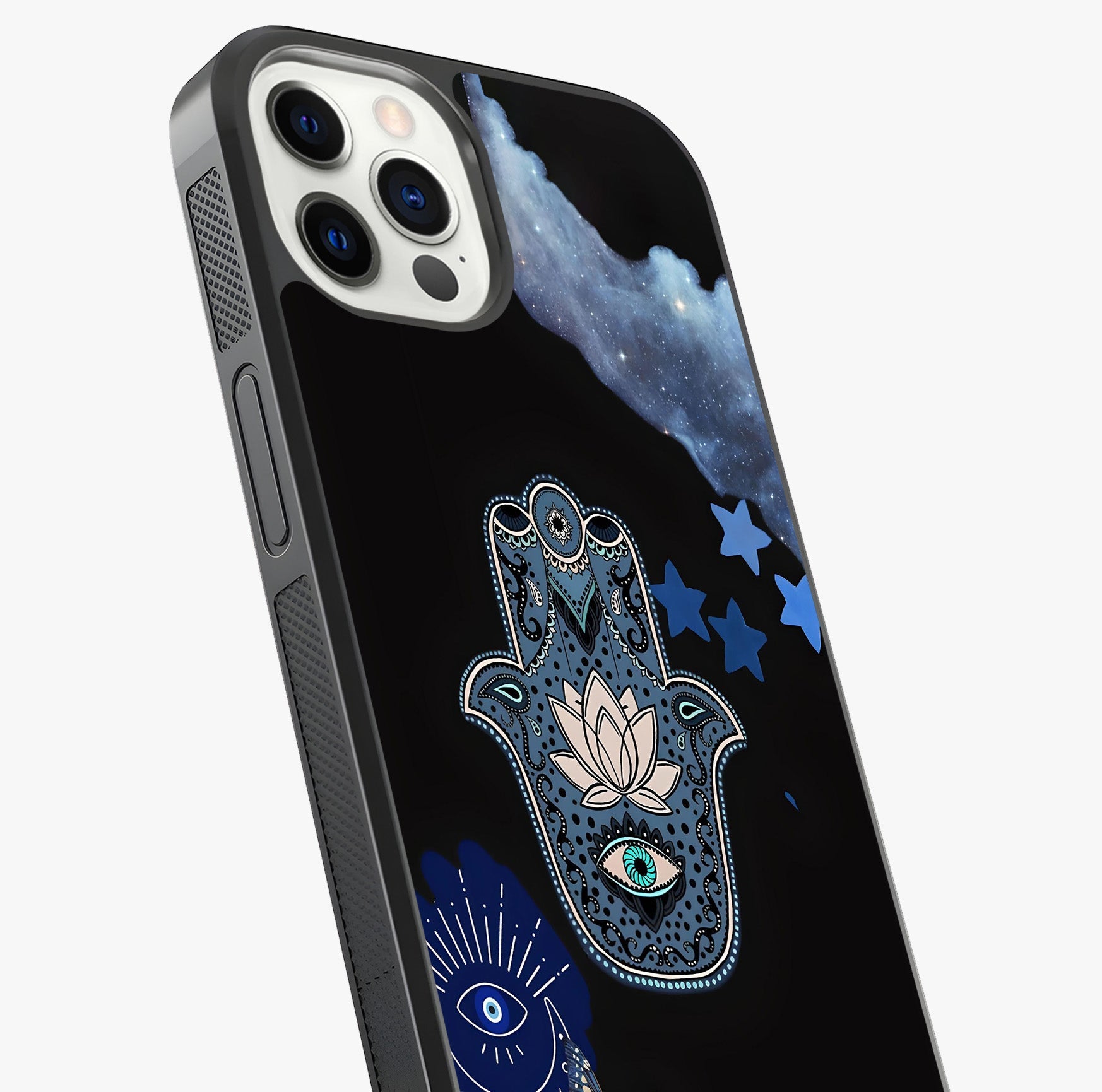Mystic Hand Aura Glass Case captured at a warm angle highlighting gloss, texture and premium glass finish.