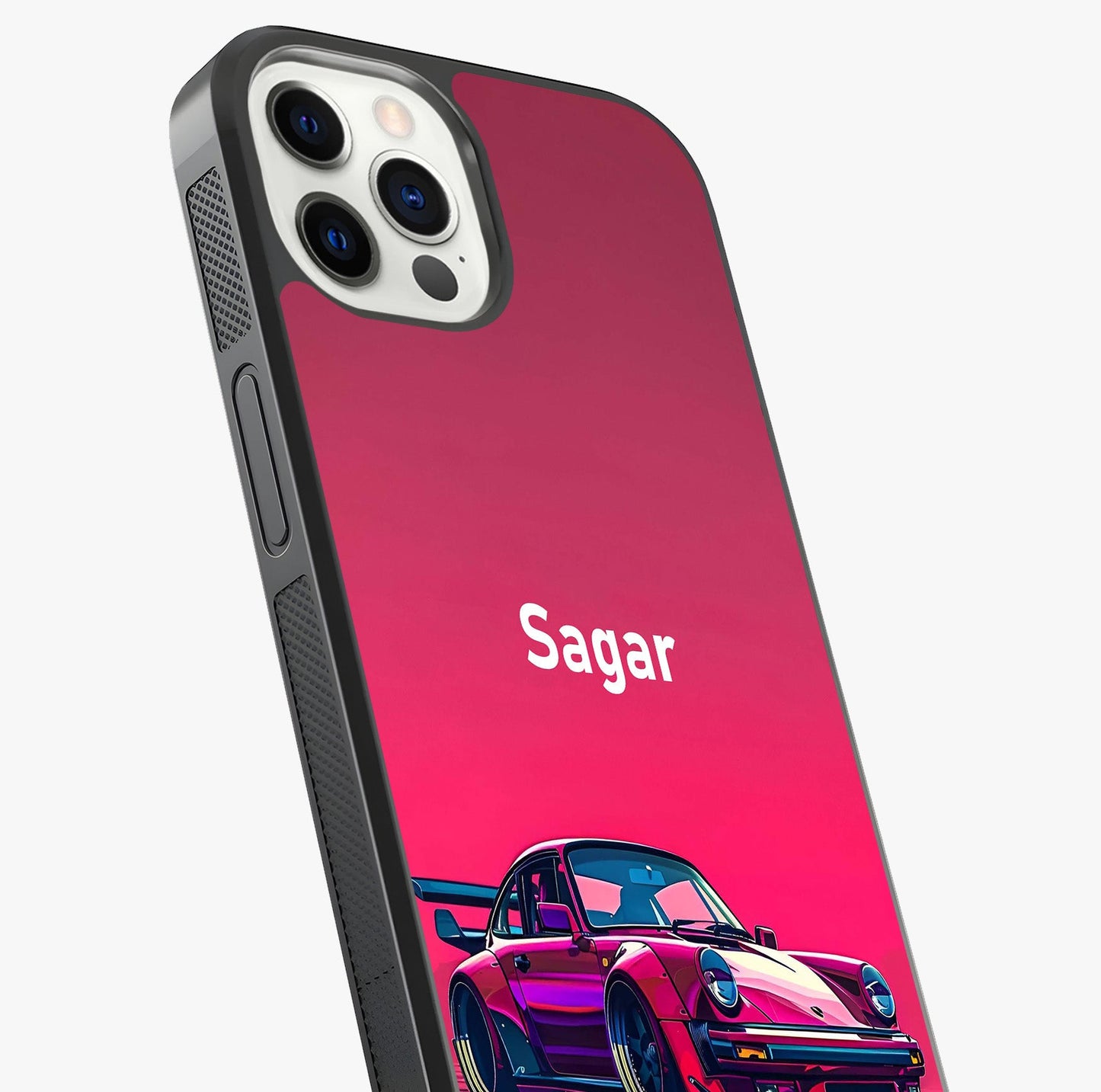 Neon Pink Porsche Glass Case captured at a warm angle highlighting gloss, texture and premium glass finish.