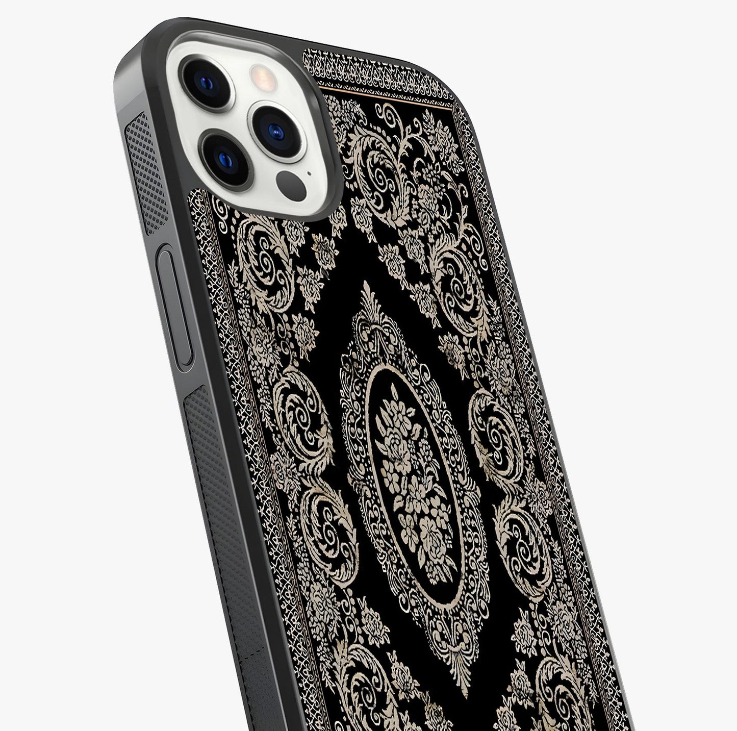 Noir Bloom Elegance Glass Case captured at a warm angle highlighting gloss, texture and premium glass finish.
