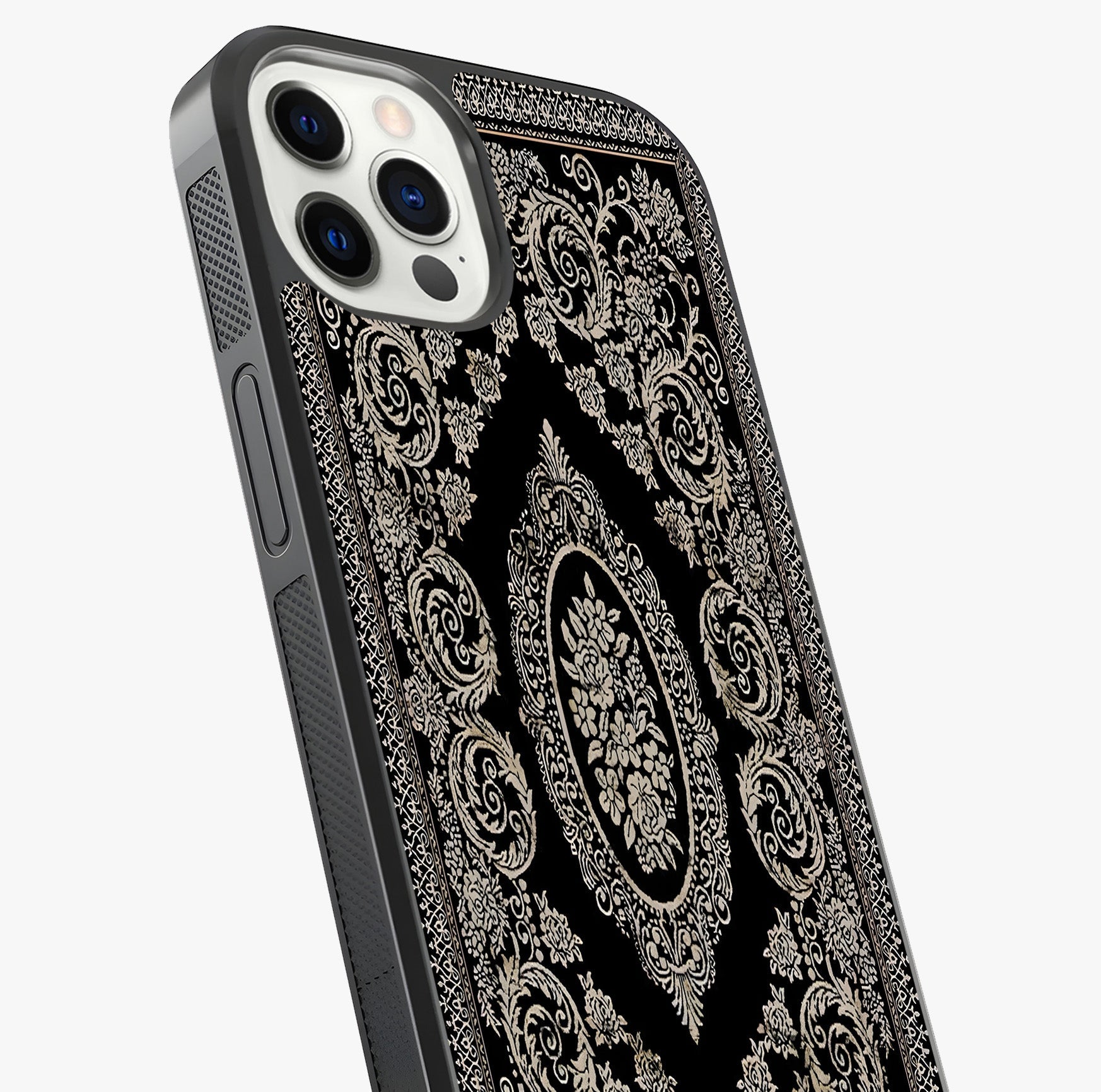 Noir Bloom Elegance Glass Case captured at a warm angle highlighting gloss, texture and premium glass finish.
