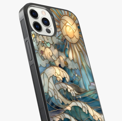 Oceanic Stained Printed Glass Case captured at a warm angle highlighting gloss, texture and premium glass finish.