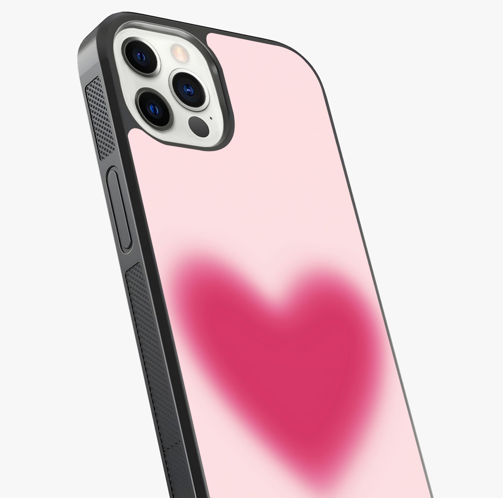 Pink Aura Heart Glass Case captured at a warm angle highlighting gloss, texture and premium glass finish.