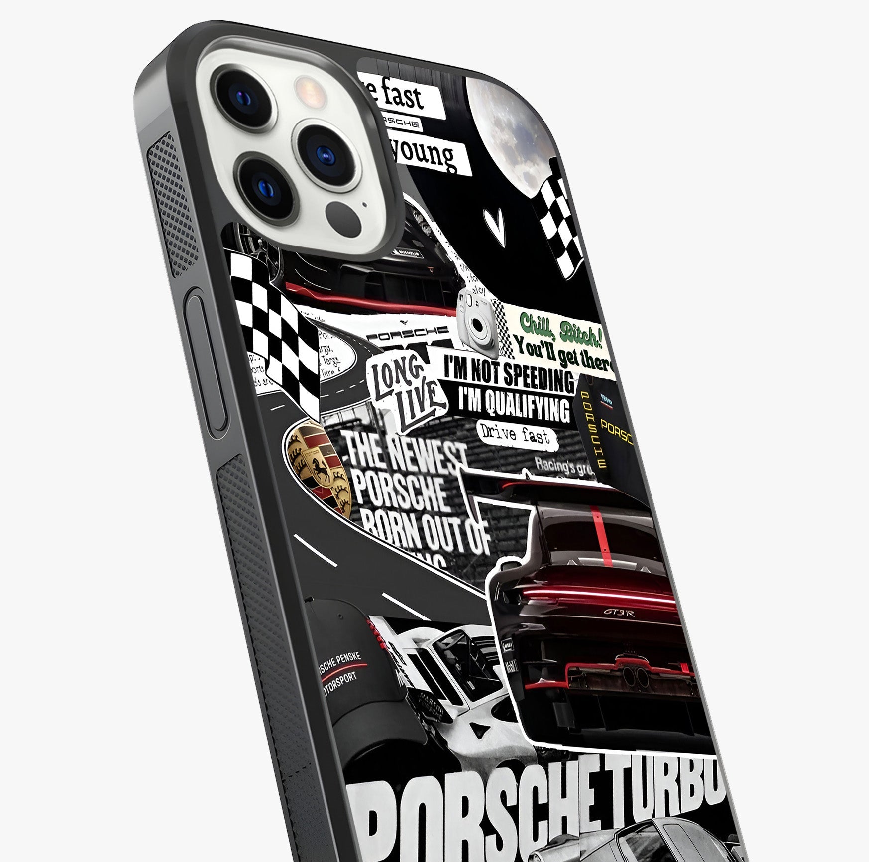 Porsche Racing Collage Glass Case captured at a warm angle highlighting gloss, texture and premium glass finish.