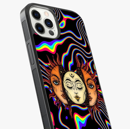 Psychedelic Sun Glass Case captured at a warm angle highlighting gloss, texture and premium glass finish.