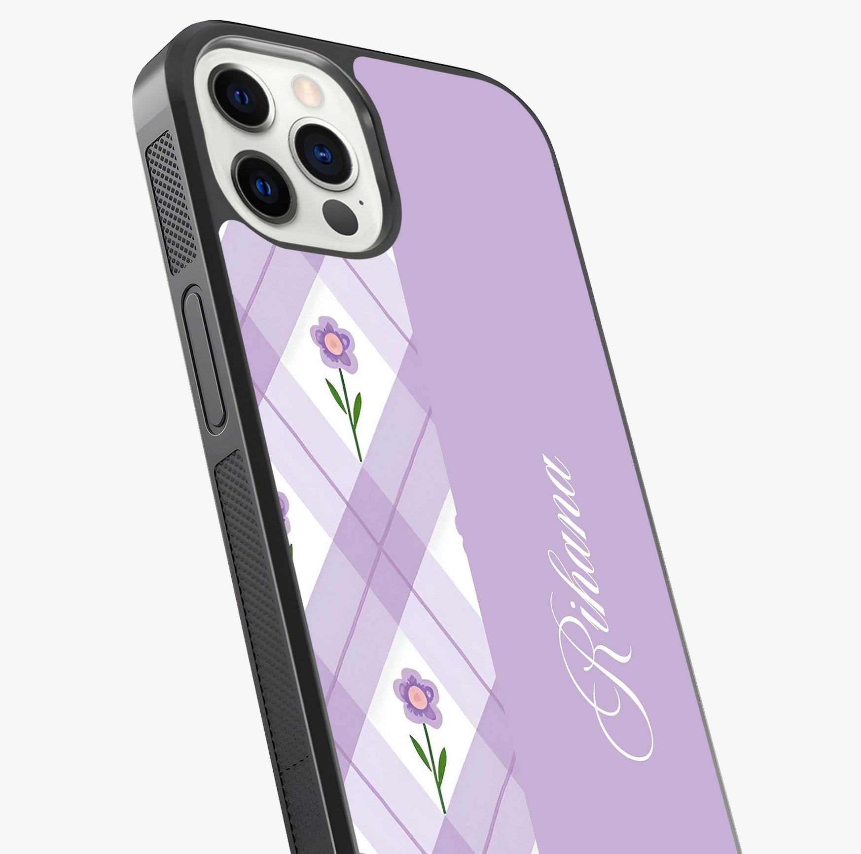 Purple Diamond Floral Glass Case captured at a warm angle highlighting gloss, texture and premium glass finish.