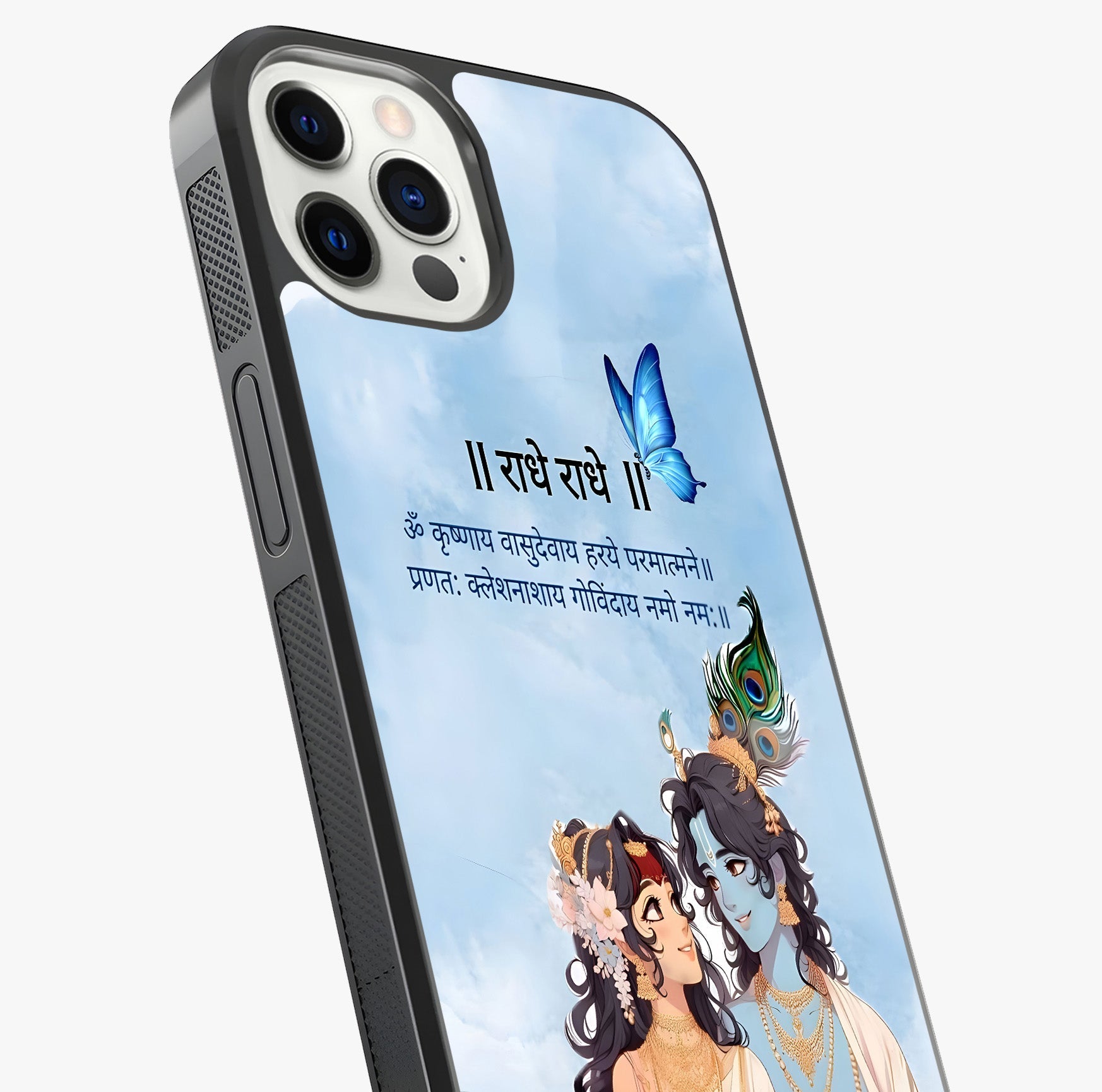 Radha Krishna Eternal Glass Case captured at a warm angle highlighting gloss, texture and premium glass finish.