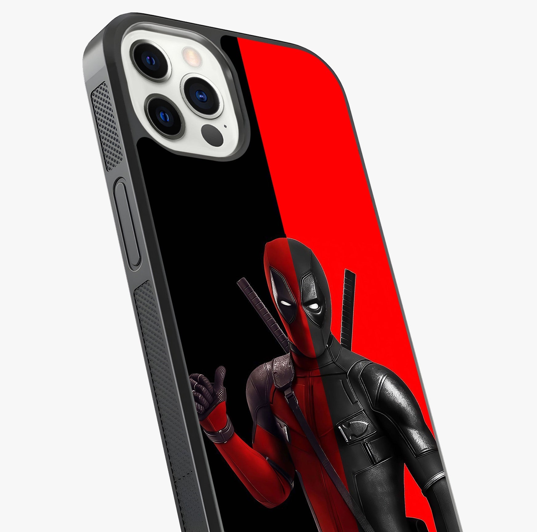Red & Black Deadpool Theme Glass Case captured at a warm angle highlighting gloss, texture and premium glass finish.