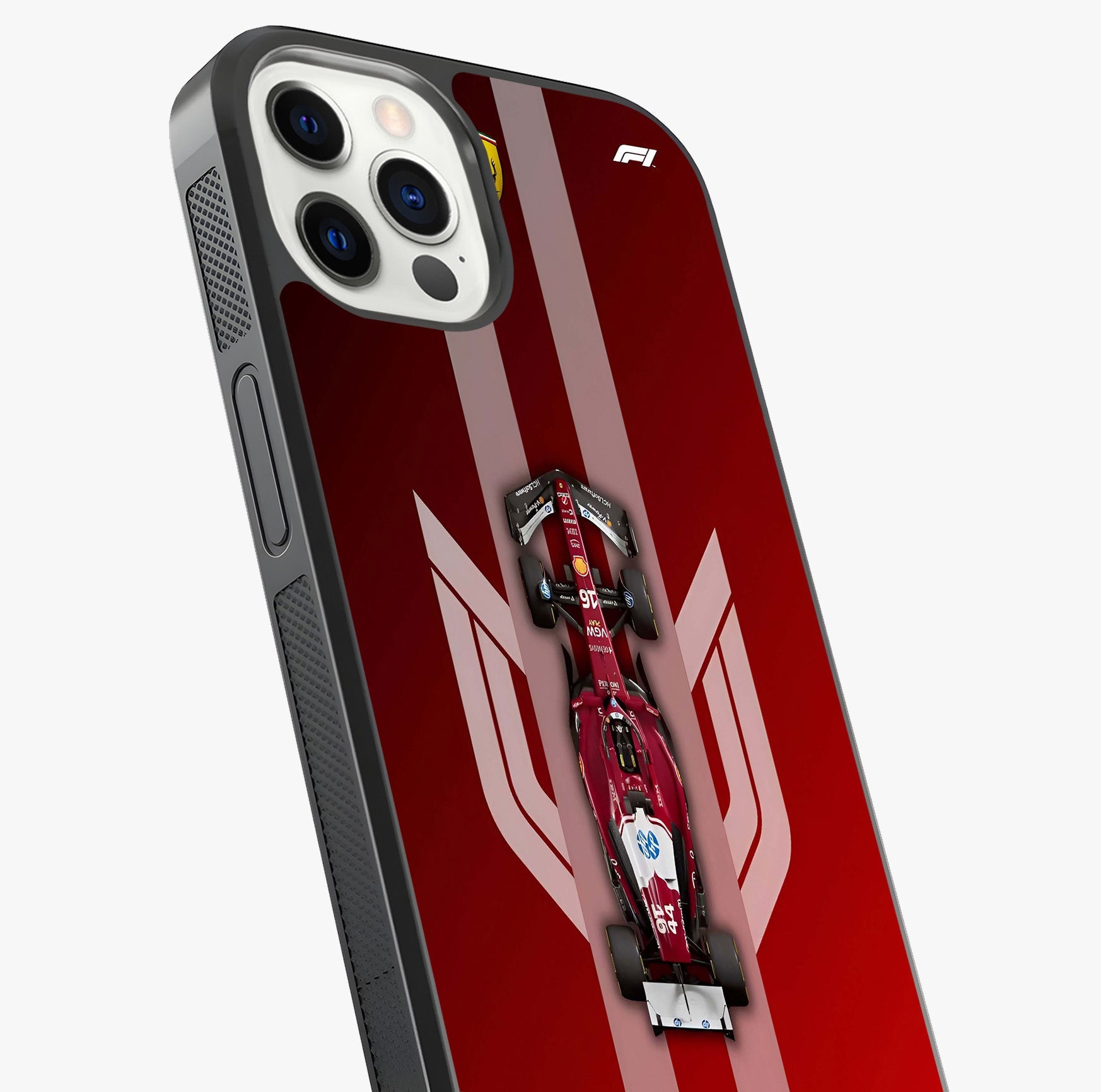 Red Ferrari F1 Vertical Glass Case captured at a warm angle highlighting gloss, texture and premium glass finish.