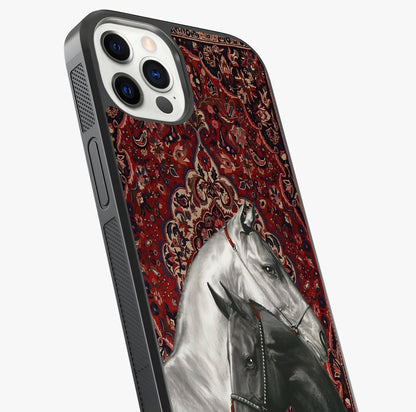 Regal Stallion Tapestry Glass Case captured at a warm angle highlighting gloss, texture and premium glass finish.