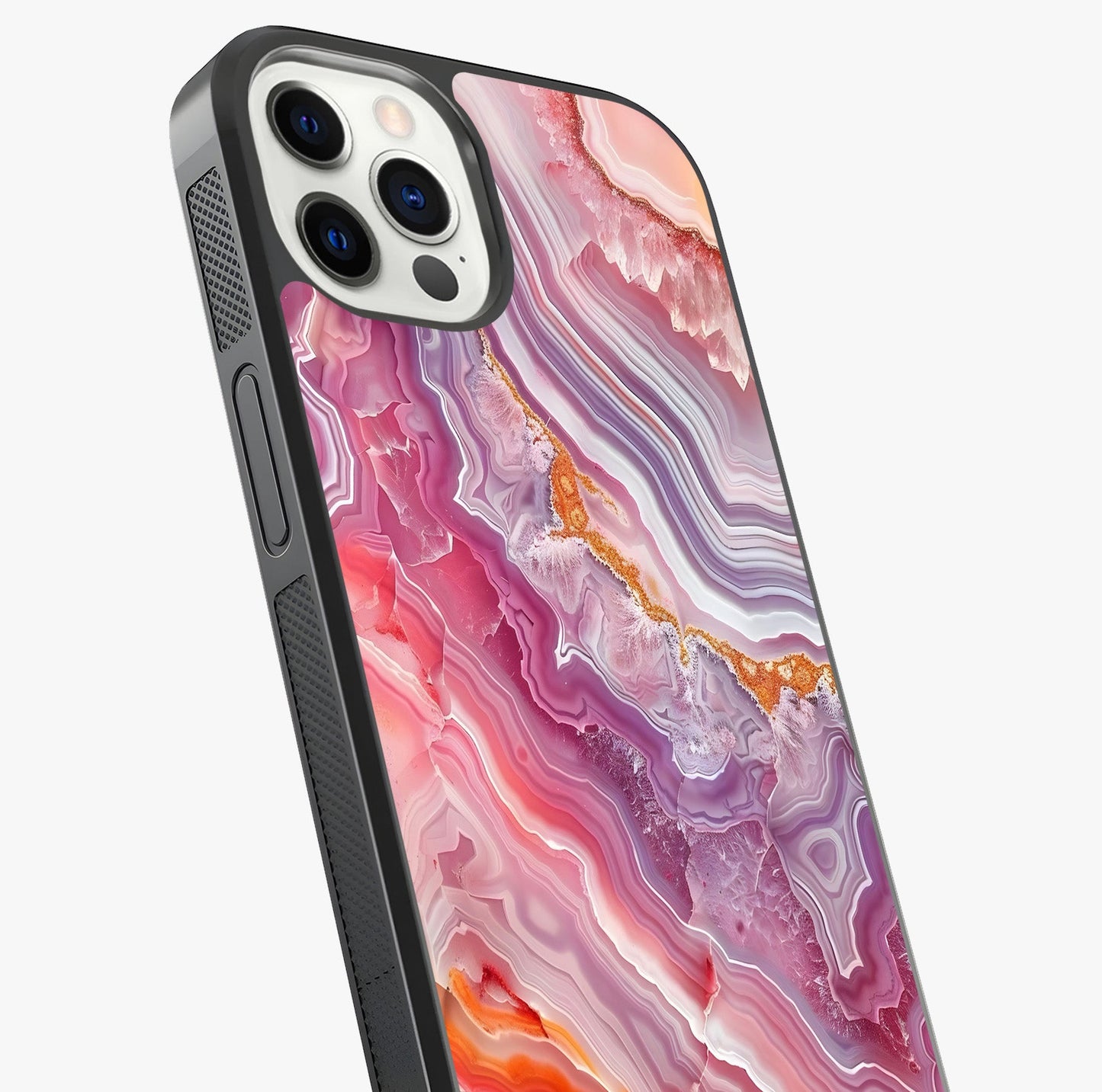 Rose Quartz Marble Glass Case captured at a warm angle highlighting gloss, texture and premium glass finish.