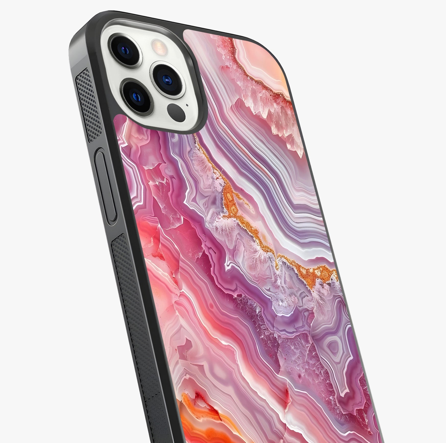 Rose Quartz Marble Glass Case captured at a warm angle highlighting gloss, texture and premium glass finish.